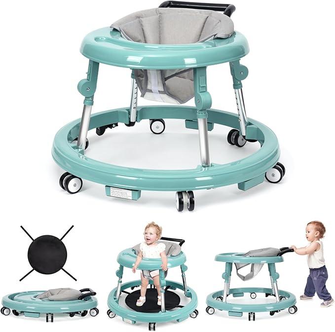 Foldable Baby Walker for 7-18 Months with Adjustable Height and Portable Wheels