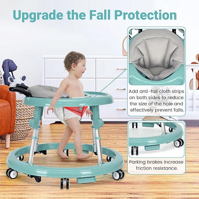 Foldable Baby Walker for 7-18 Months with Adjustable Height and Portable Wheels