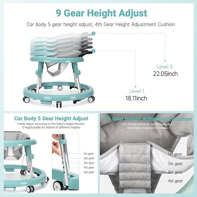 Foldable Baby Walker for 7-18 Months with Adjustable Height and Portable Wheels