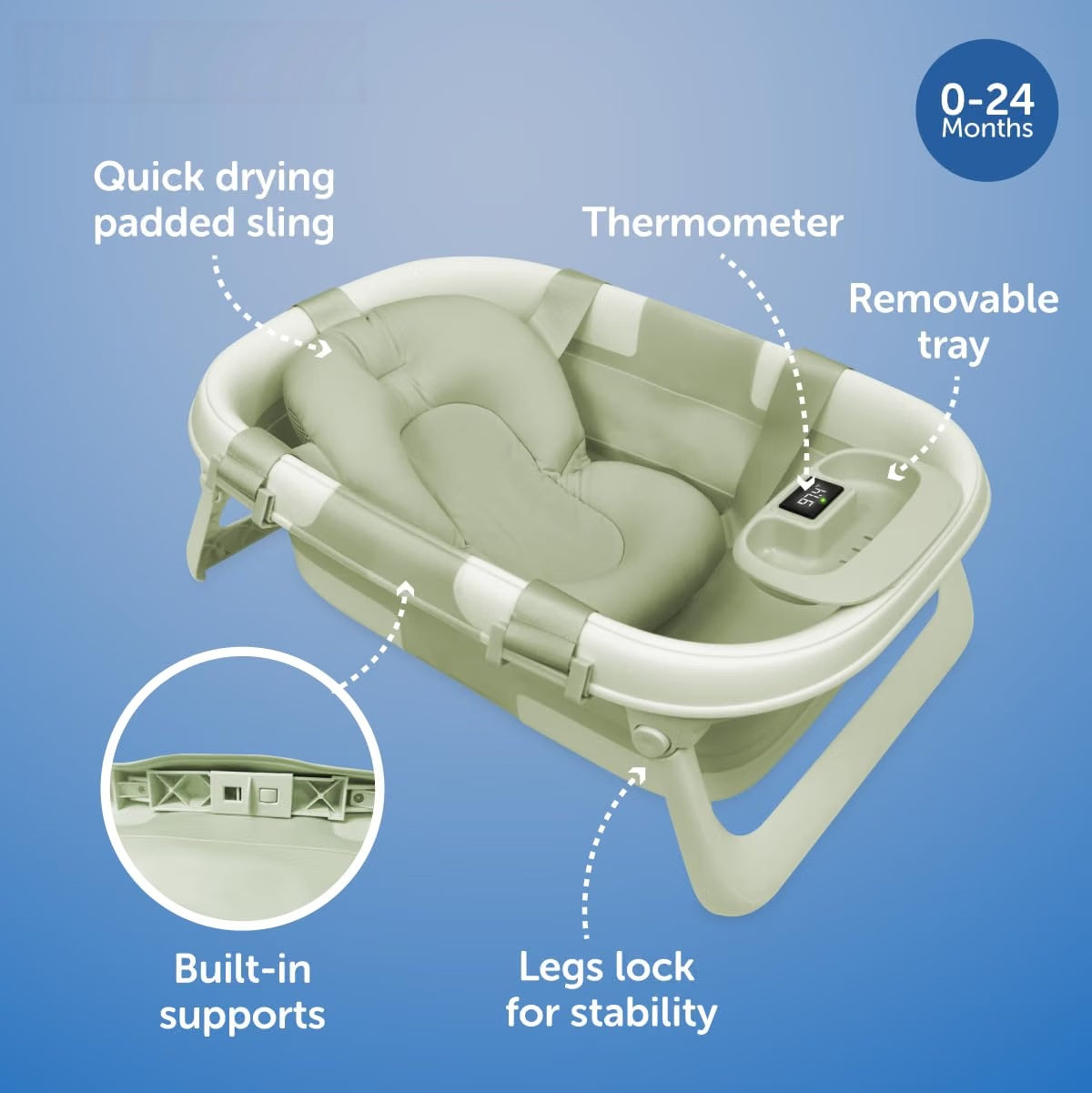 Foldable Baby Bathtub with Thermometer & Newborn Support Sling