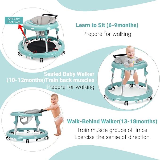 Foldable Baby Walker for 7-18 Months with Adjustable Height and Portable Wheels