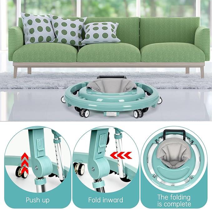 Foldable Baby Walker for 7-18 Months with Adjustable Height and Portable Wheels