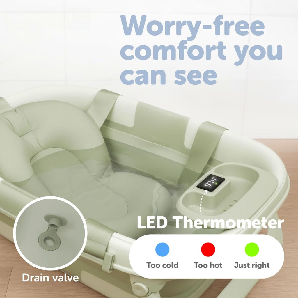 Foldable Baby Bathtub with Thermometer & Newborn Support Sling