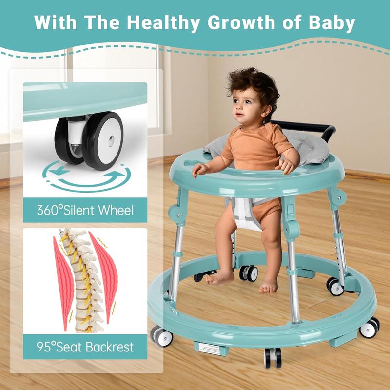 Foldable Baby Walker for 7-18 Months with Adjustable Height and Portable Wheels