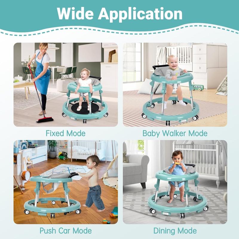 Foldable Baby Walker for 7-18 Months with Adjustable Height and Portable Wheels