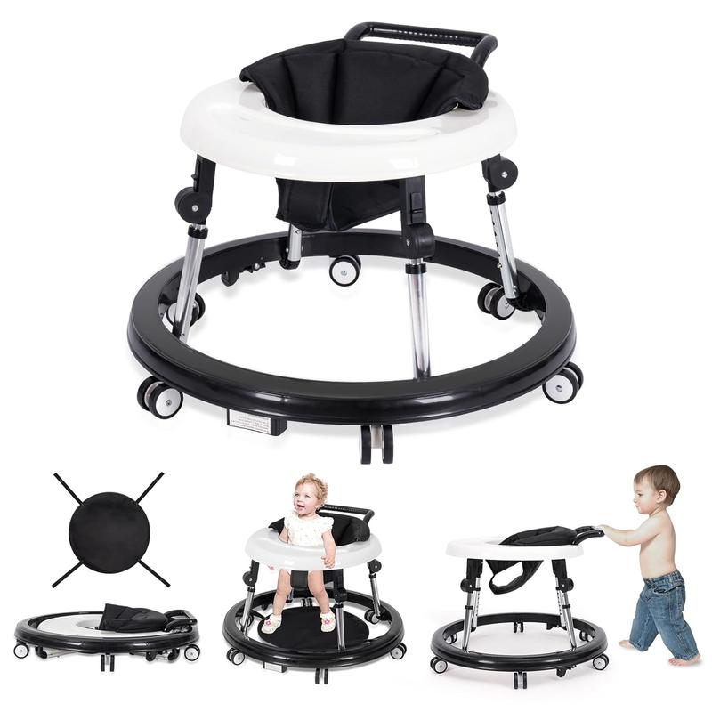 Foldable Baby Walker for 7-18 Months with Adjustable Height and Portable Wheels