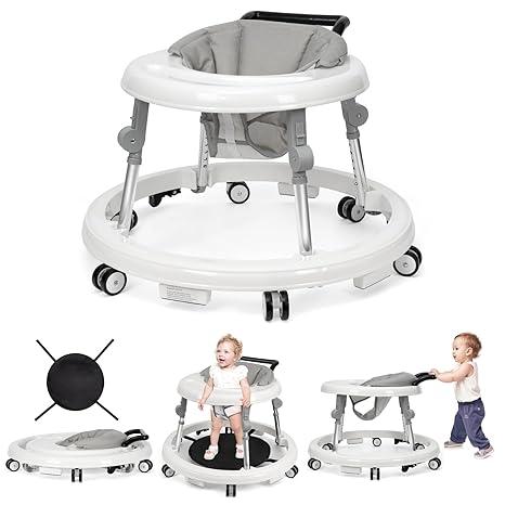 Foldable Baby Walker for 7-18 Months with Adjustable Height and Portable Wheels