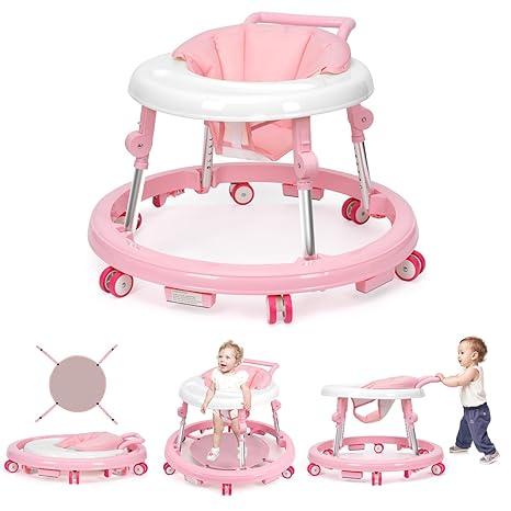 Foldable Baby Walker for 7-18 Months with Adjustable Height and Portable Wheels