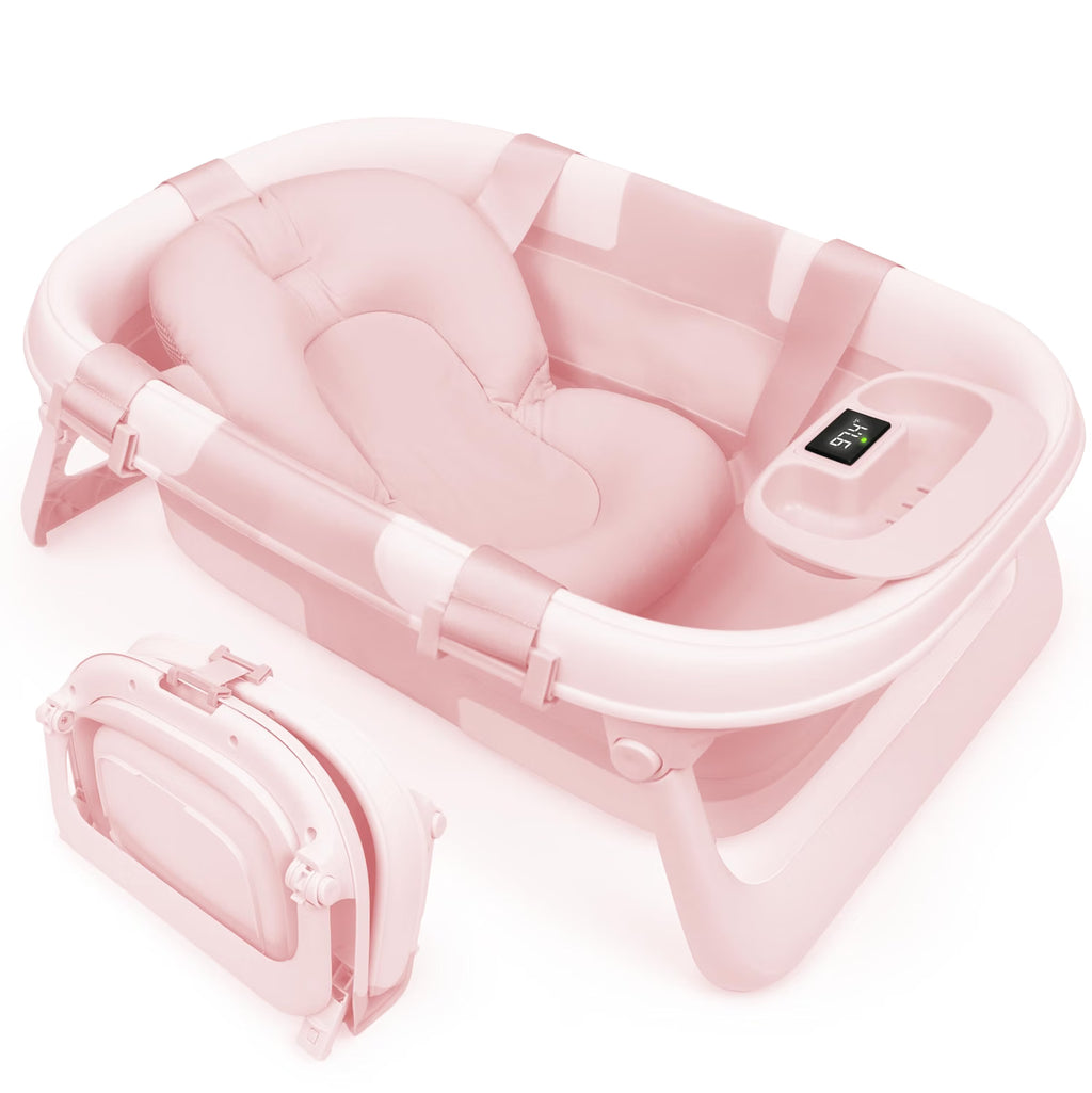 Foldable Baby Bathtub with Thermometer & Newborn Support Sling